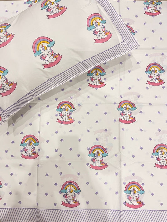 Hand Block Printed Fitted Bedsheet - Rainbow Unicorn Dreams | Gulpankh Canada