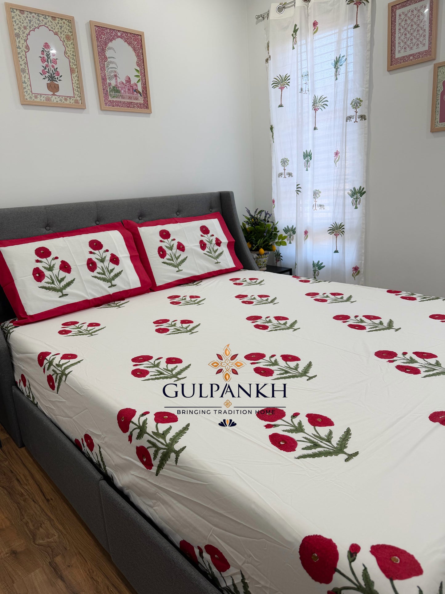Hand Block Printed Queen Fitted Bedsheet - Red Poppy Royale | Gulpankh Canada