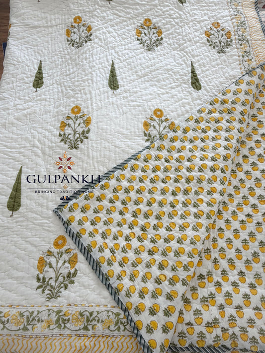 Hand Block Printed Cotton Quilt - Marigold Cypress Meadow | Gulpankh Canada