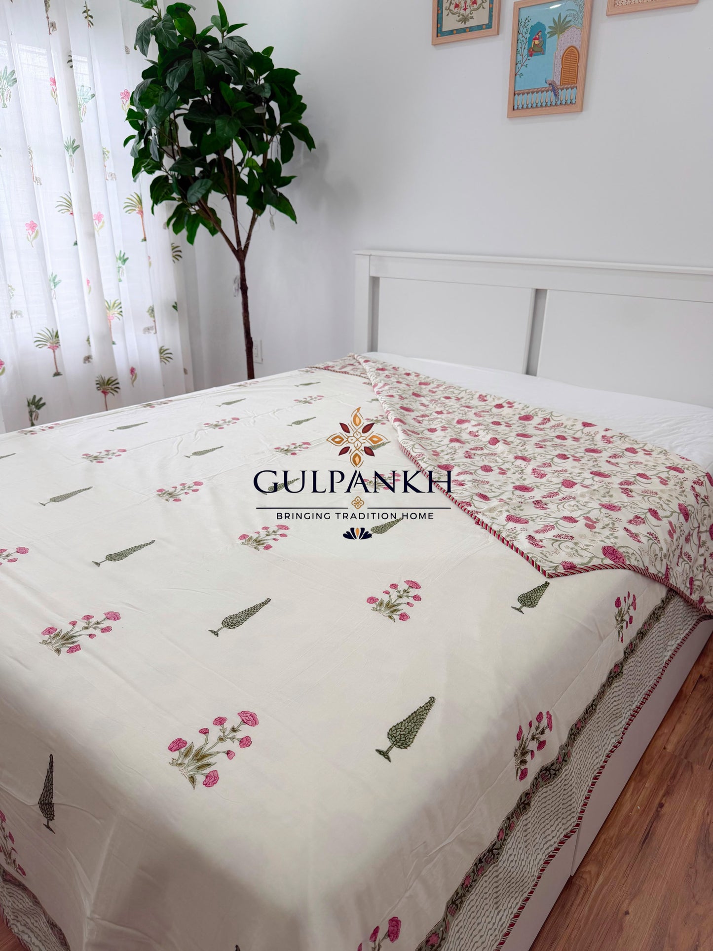 Hand Block Printed Mulmul Cotton Dohar - Rosé Cypress Meadow | Gulpankh Canada