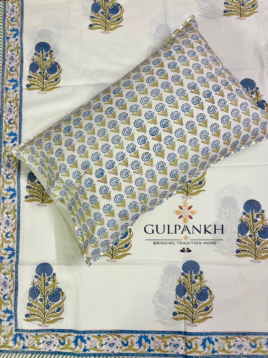 Hand Block Printed 100% Cotton King Fitted Bedsheet – Indigo Mughal Bloom | Gulpankh Canada
