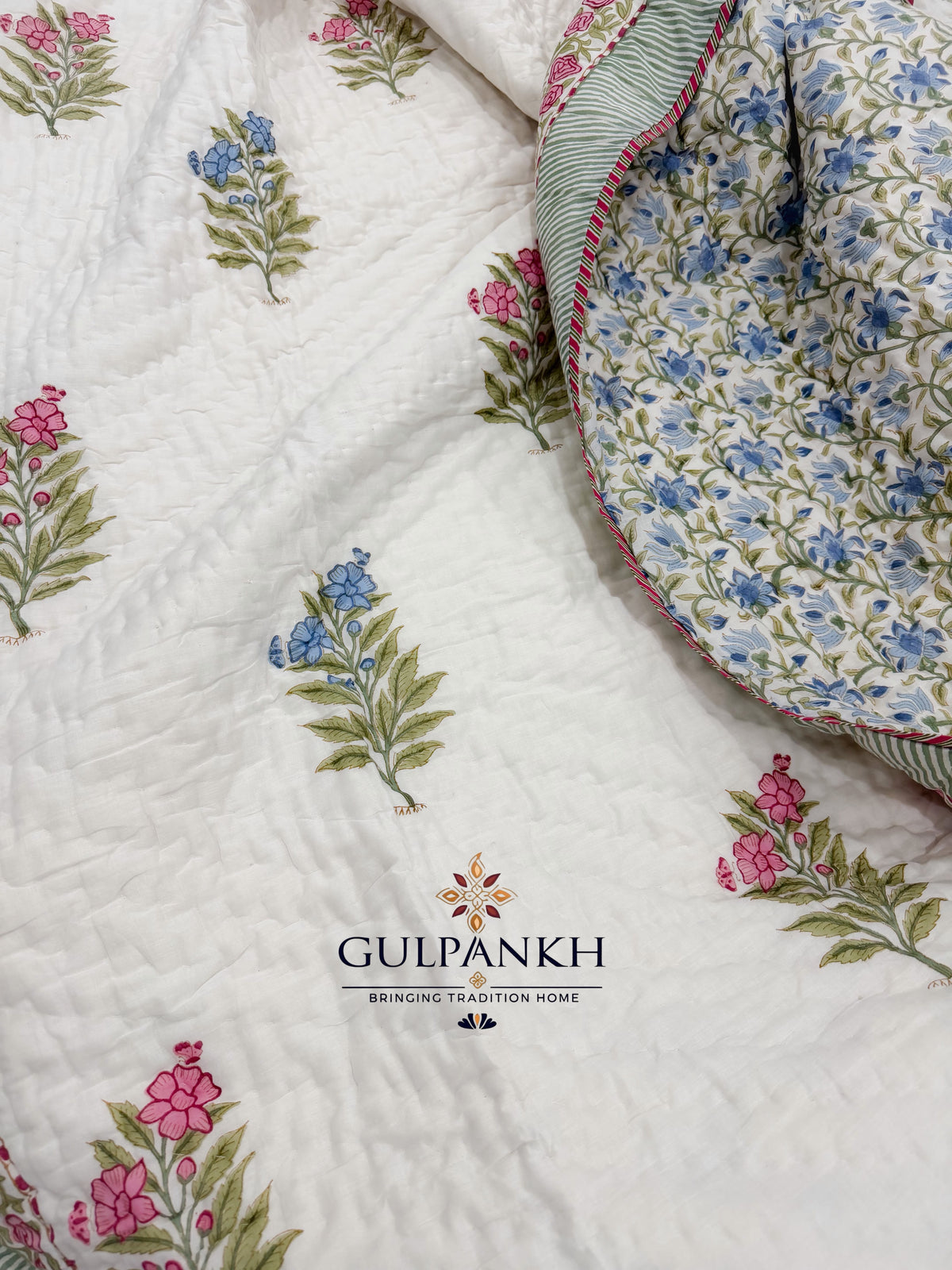 Hand Block Printed Reversible Cotton Quilt - Neel Gul Bahaar | Gulpankh Canada
