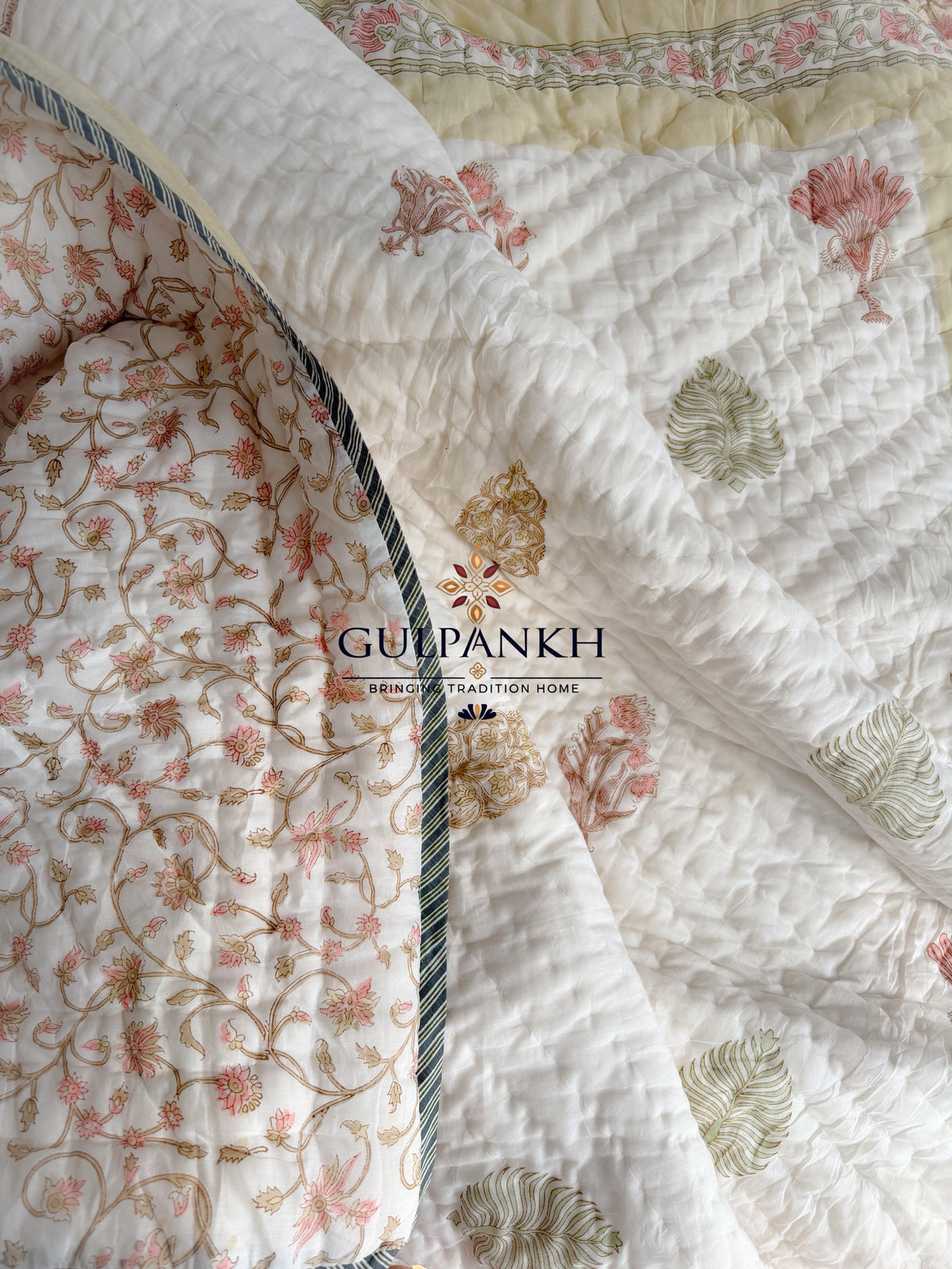 Hand Block Printed Reversible Cotton Quilt - Blush Meadow | Gulpankh Canada