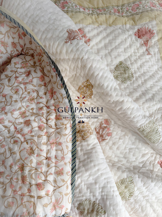Hand Block Printed Reversible Cotton Quilt - Blush Meadow | Gulpankh Canada
