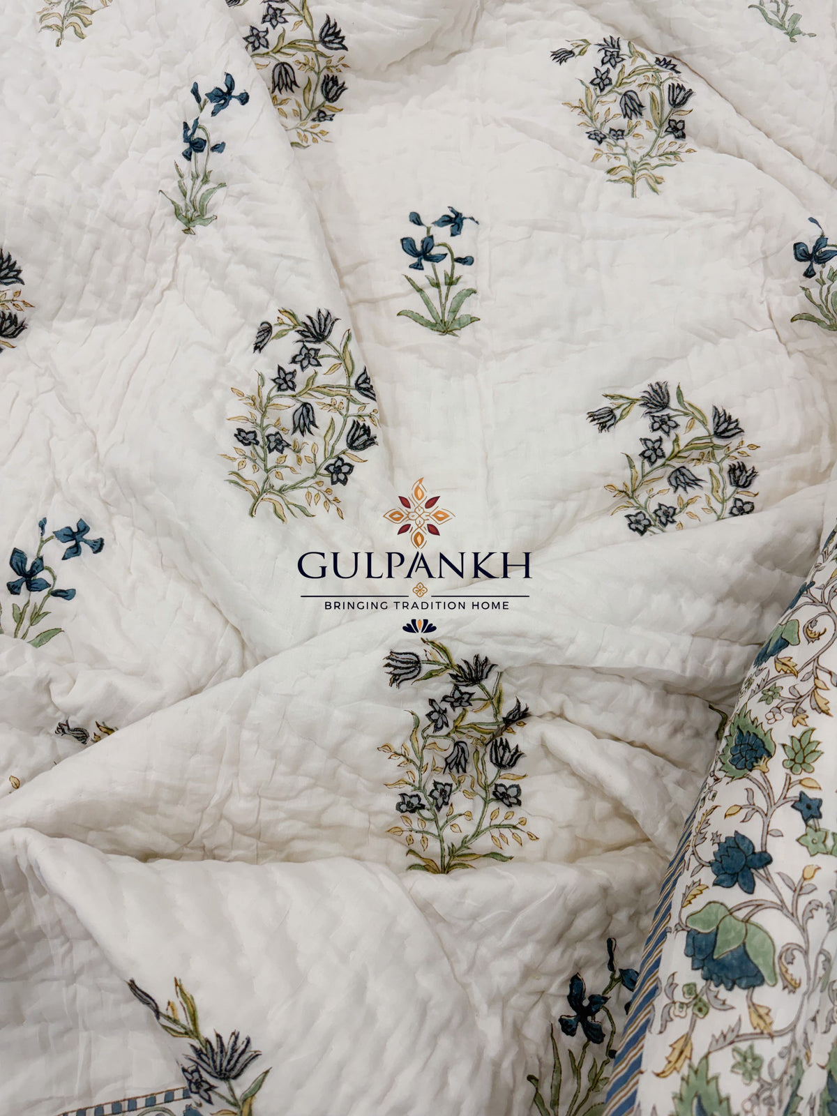 Hand Block Printed Reversible Cotton Quilt - Sage Gul Bahaar | Gulpankh Canada