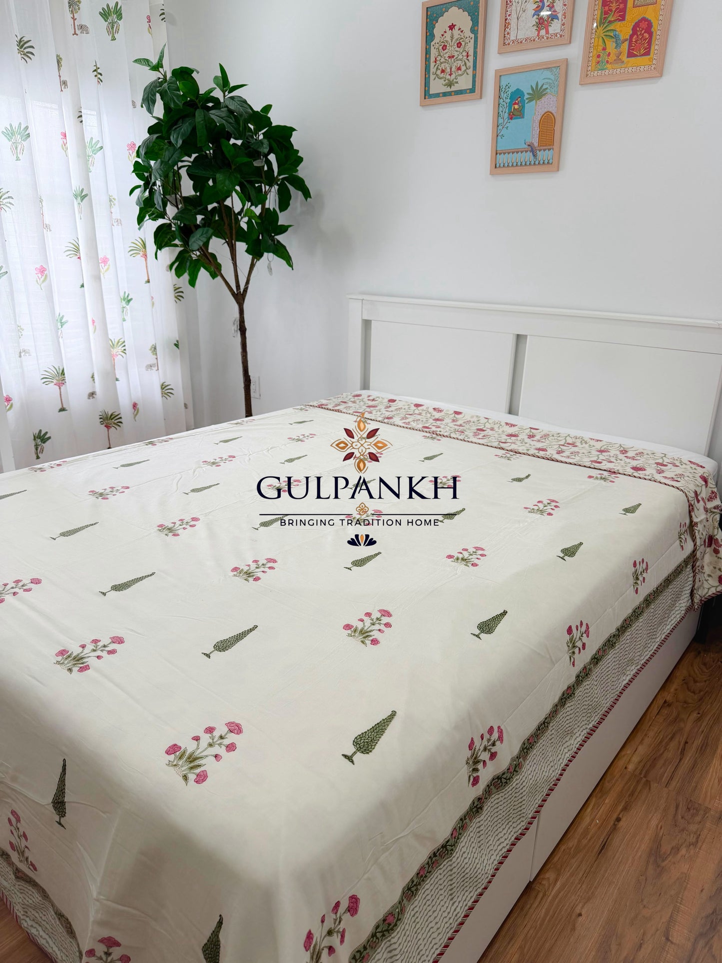 Hand Block Printed Mulmul Cotton Dohar - Rosé Cypress Meadow | Gulpankh Canada