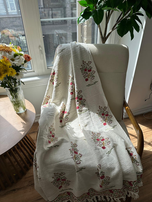 Hand Block Printed TNT Sofa Throw – Apple Blossom Tree | Gulpankh Canada