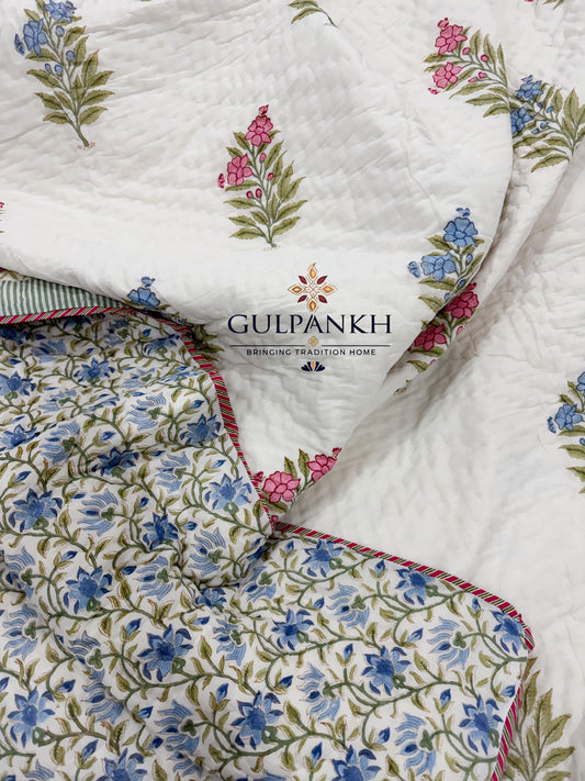 Hand Block Printed Reversible Cotton Quilt - Neel Gul Bahaar | Gulpankh Canada