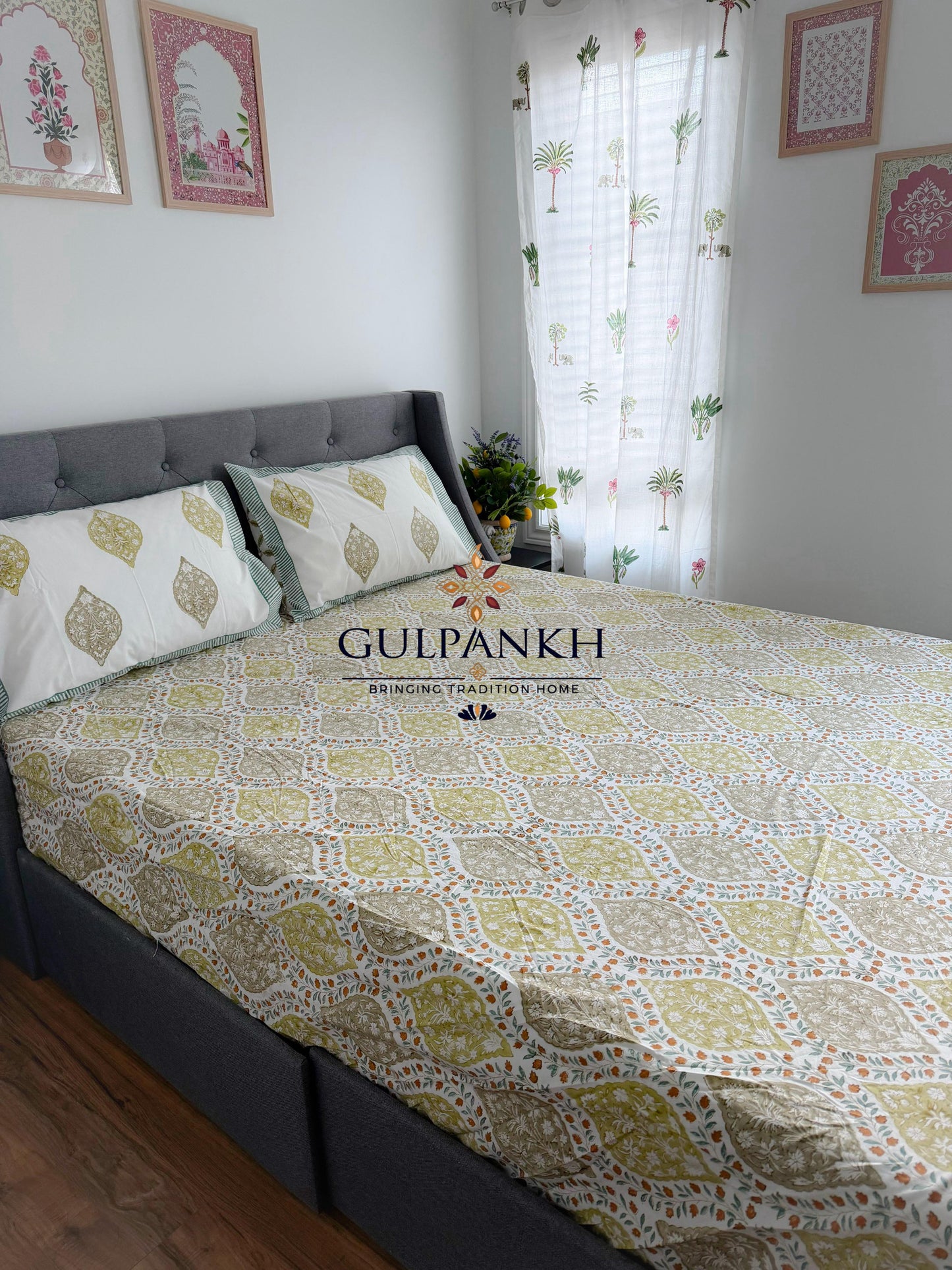 Hand Block Printed Fitted Bedsheet - Sunlit Mughal Trellis | Gulpankh Canada