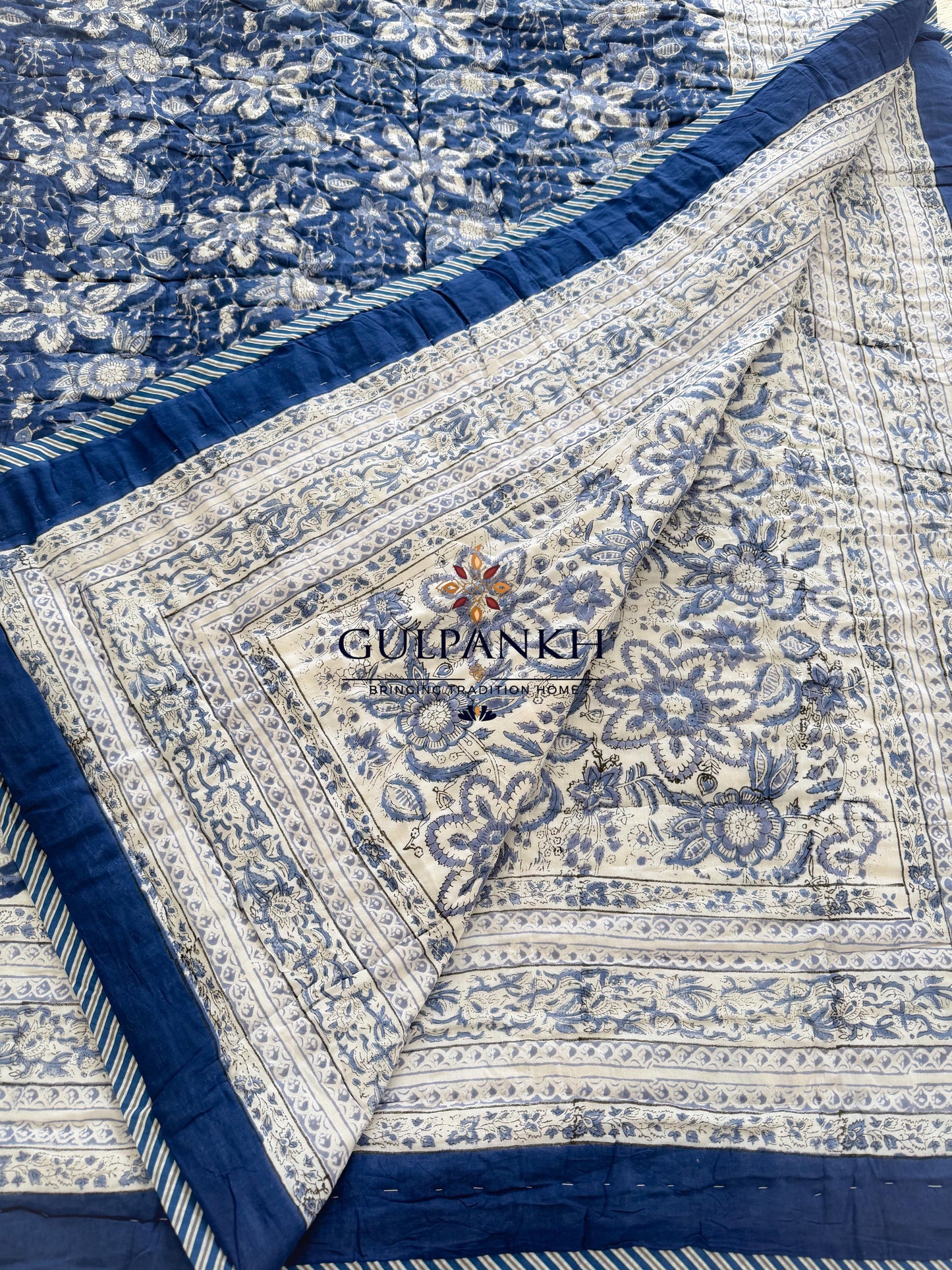 Hand Block Printed Cotton Quilt - Indigo Heritage Bloom | Gulpankh Canada