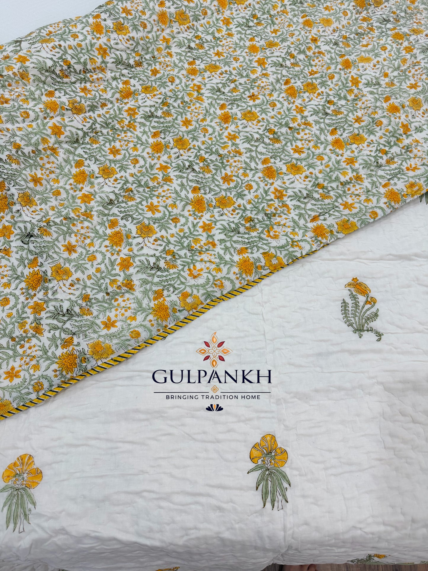 Reversible Hand Block Printed Cotton Quilt - Yellow Fern | Gulpankh Canada