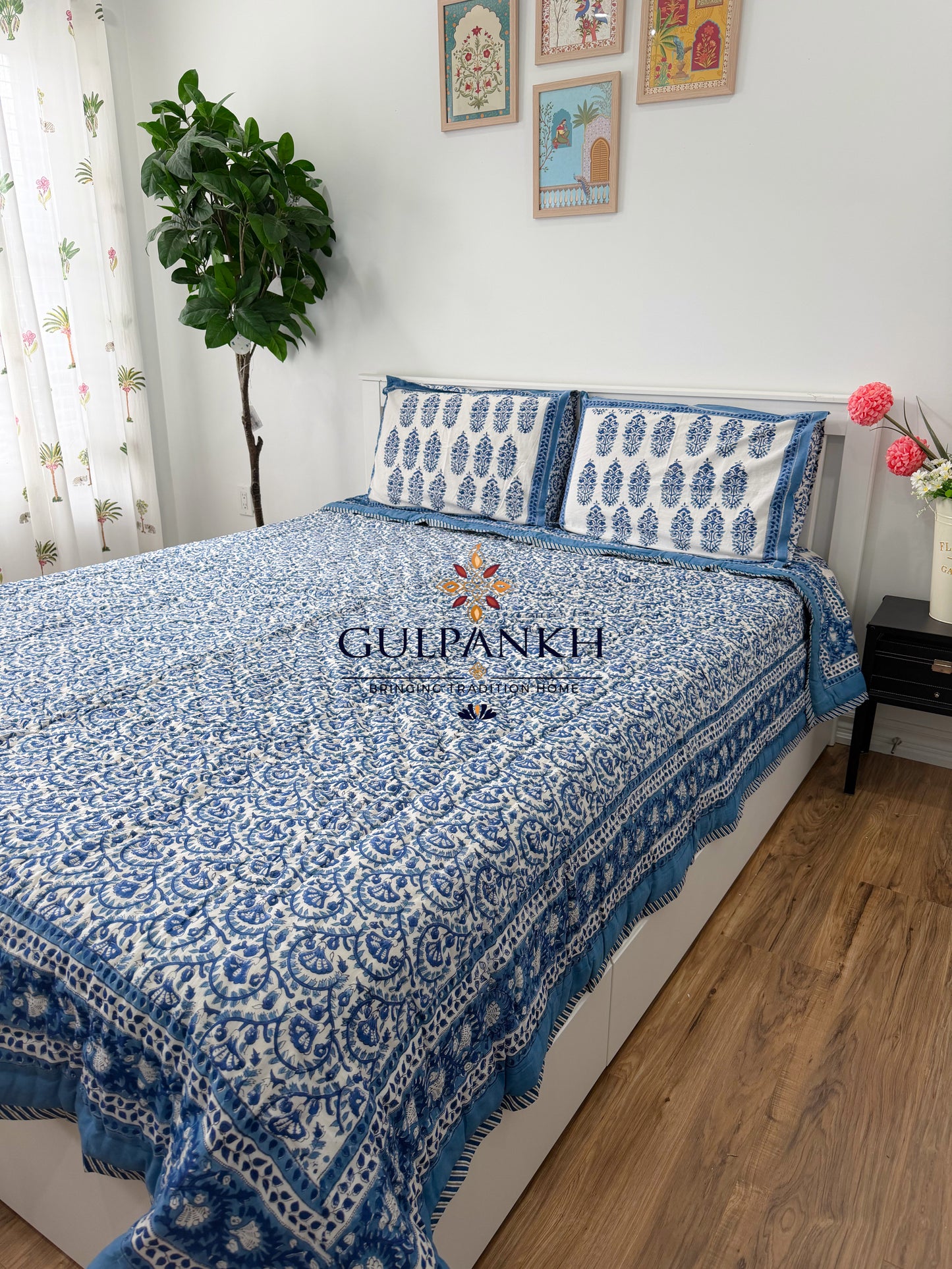 Hand Block Printed Cotton Quilt - Neel Vatika | Gulpankh Canada