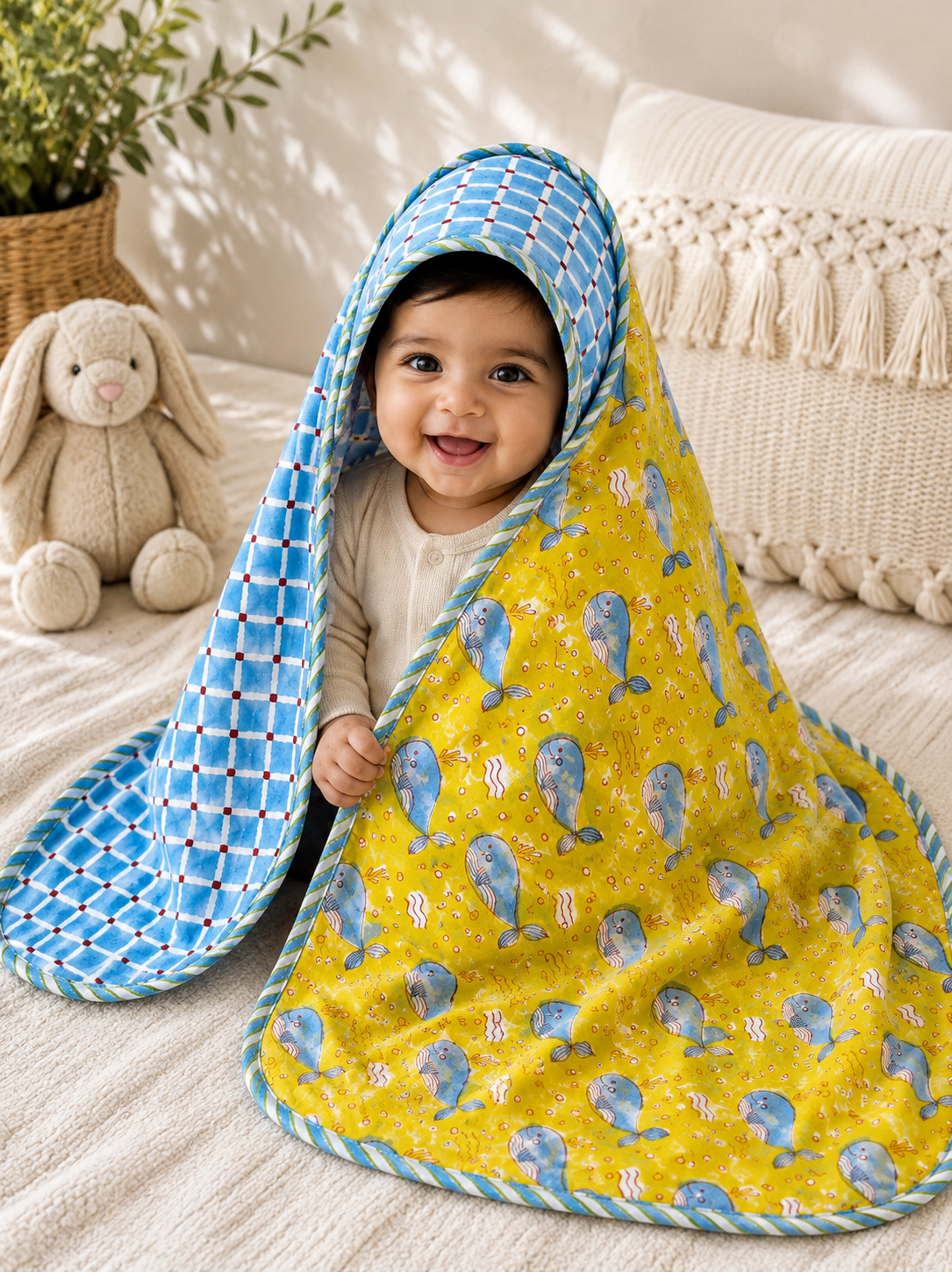 Hand Block Printed Hooded Baby Swaddle Blanket – Sunny Whale | Gulpankh Canada