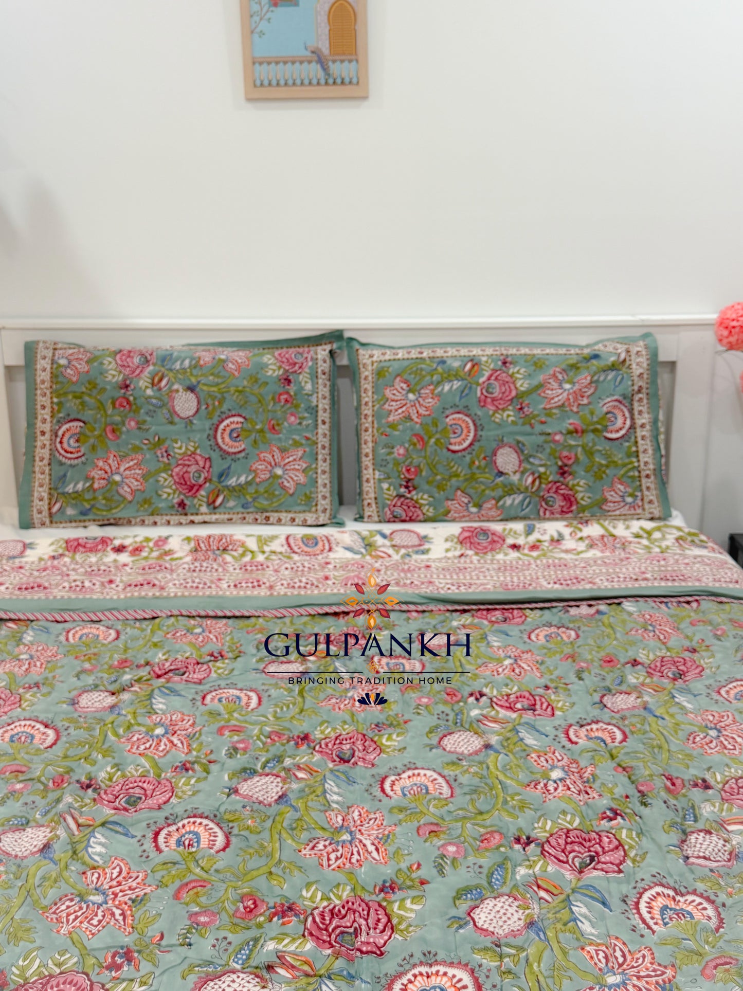 Reversible Hand Block Printed Cotton Quilt - Gulnaar Sage Garden | Gulpankh Canada