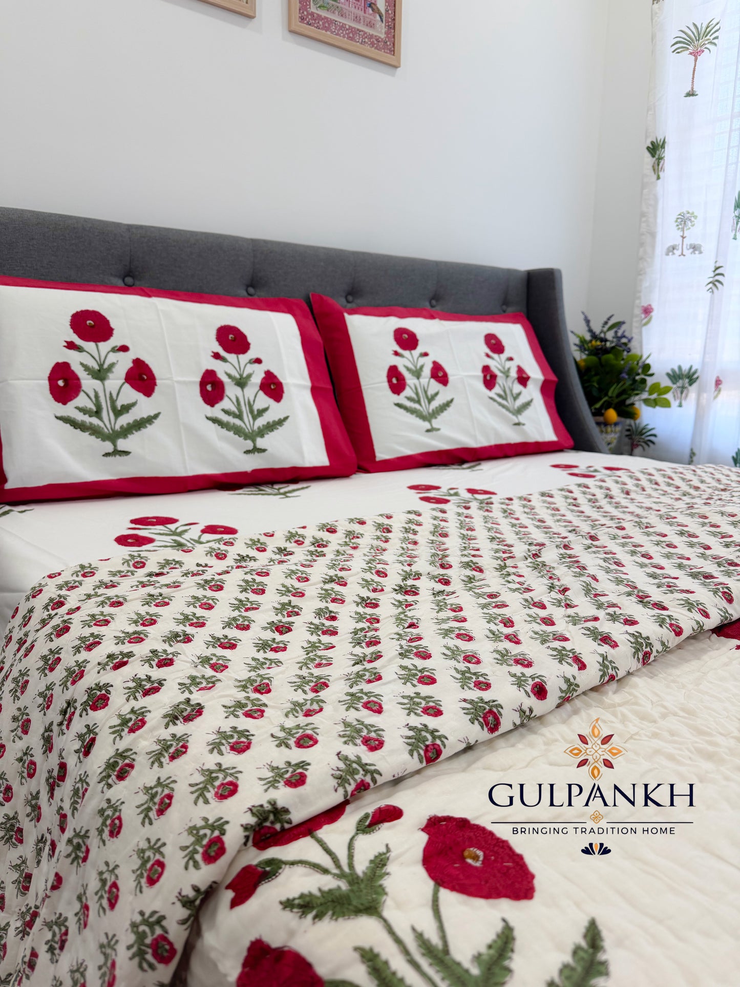 Hand Block Printed Cotton Bedding Set with Quilt - Red Poppy Gulzar | Gulpankh Canada