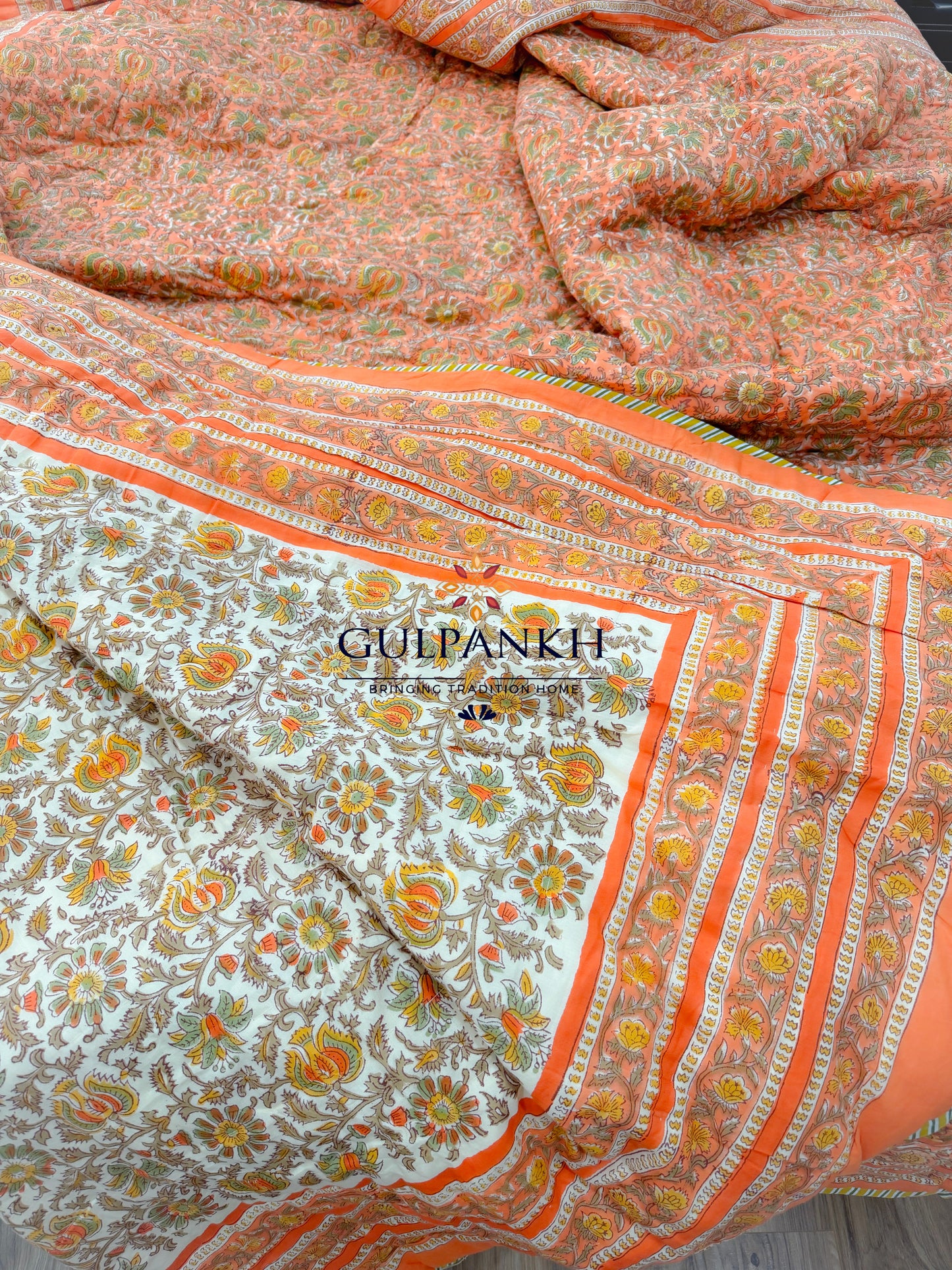 Reversible Hand Block Printed Cotton Quilt - Kesari Gulzar | Gulpankh Canada