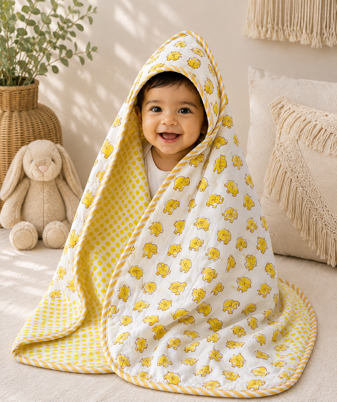 Hand Block Printed Hooded Baby Swaddle Blanket – Sunny Elephant | Gulpankh Canada