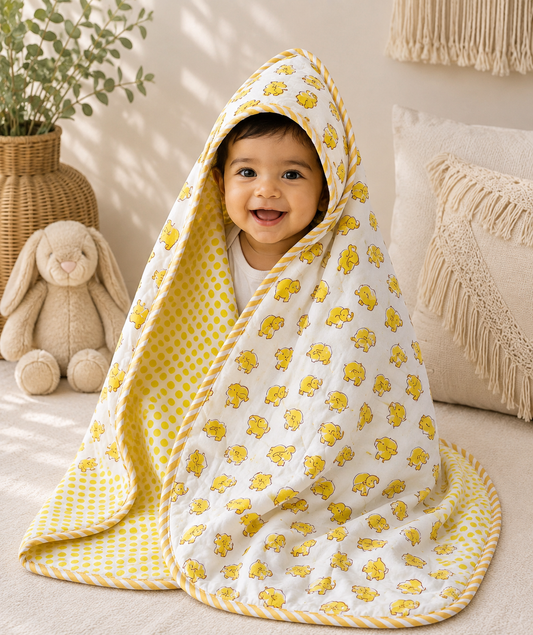 Hand Block Printed Hooded Baby Swaddle Blanket – Sunny Elephant | Gulpankh Canada