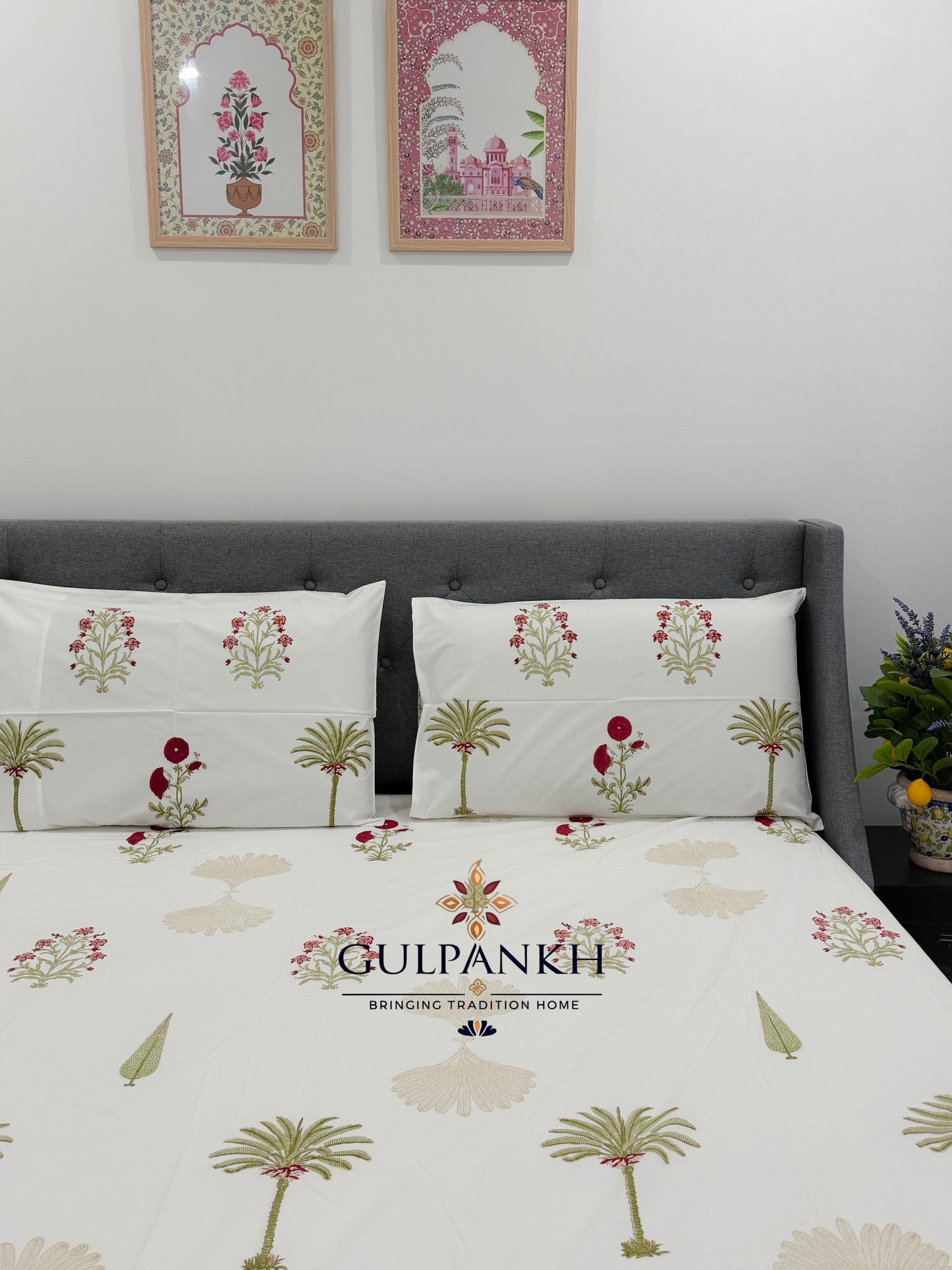Hand Block Printed King Fitted Bedsheet - Mughal Palm Garden | Gulpankh Canada