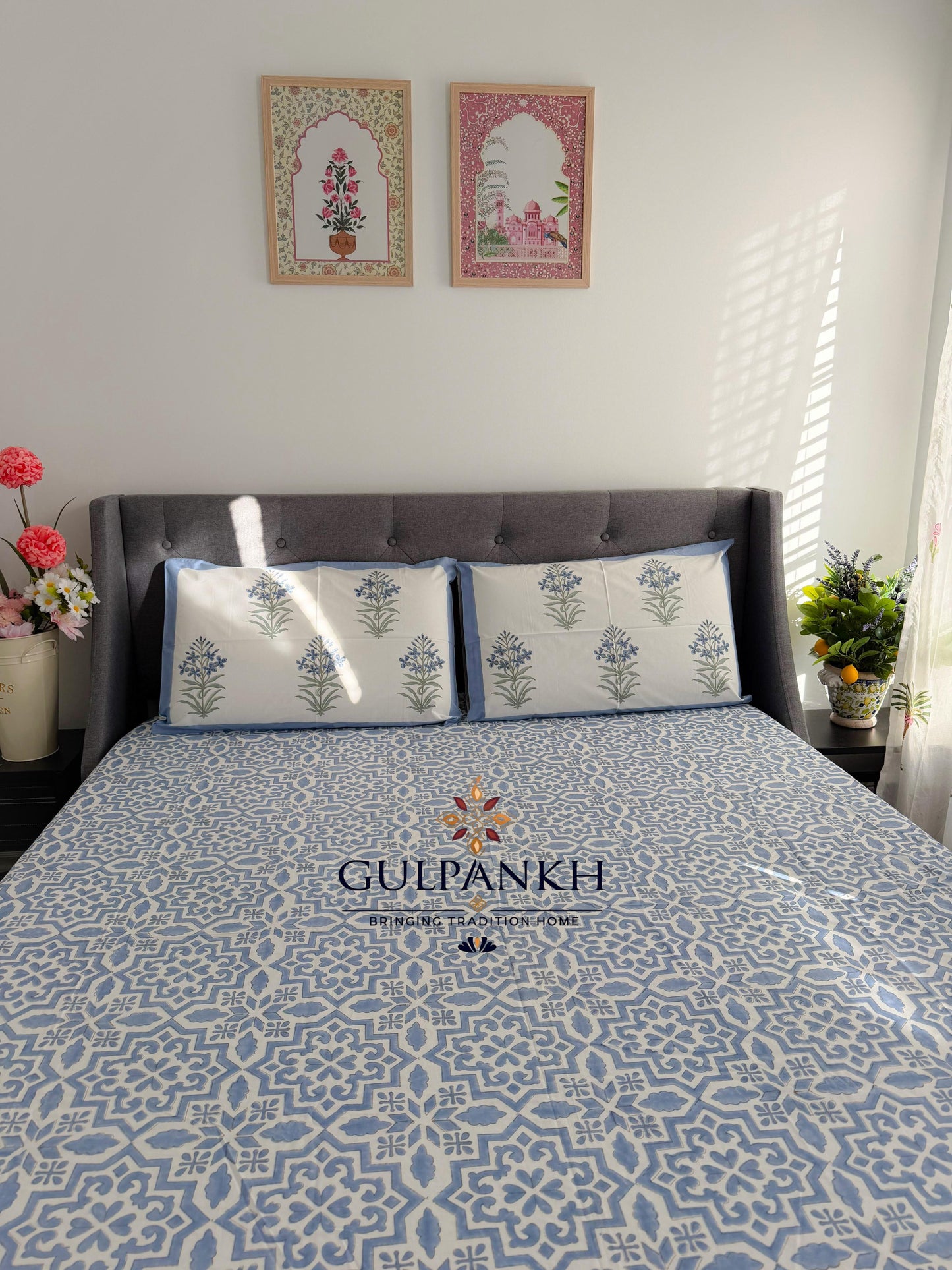 Hand Block Printed Queen Fitted Bedsheet - Neel Jaali Trellis | Gulpankh Canada