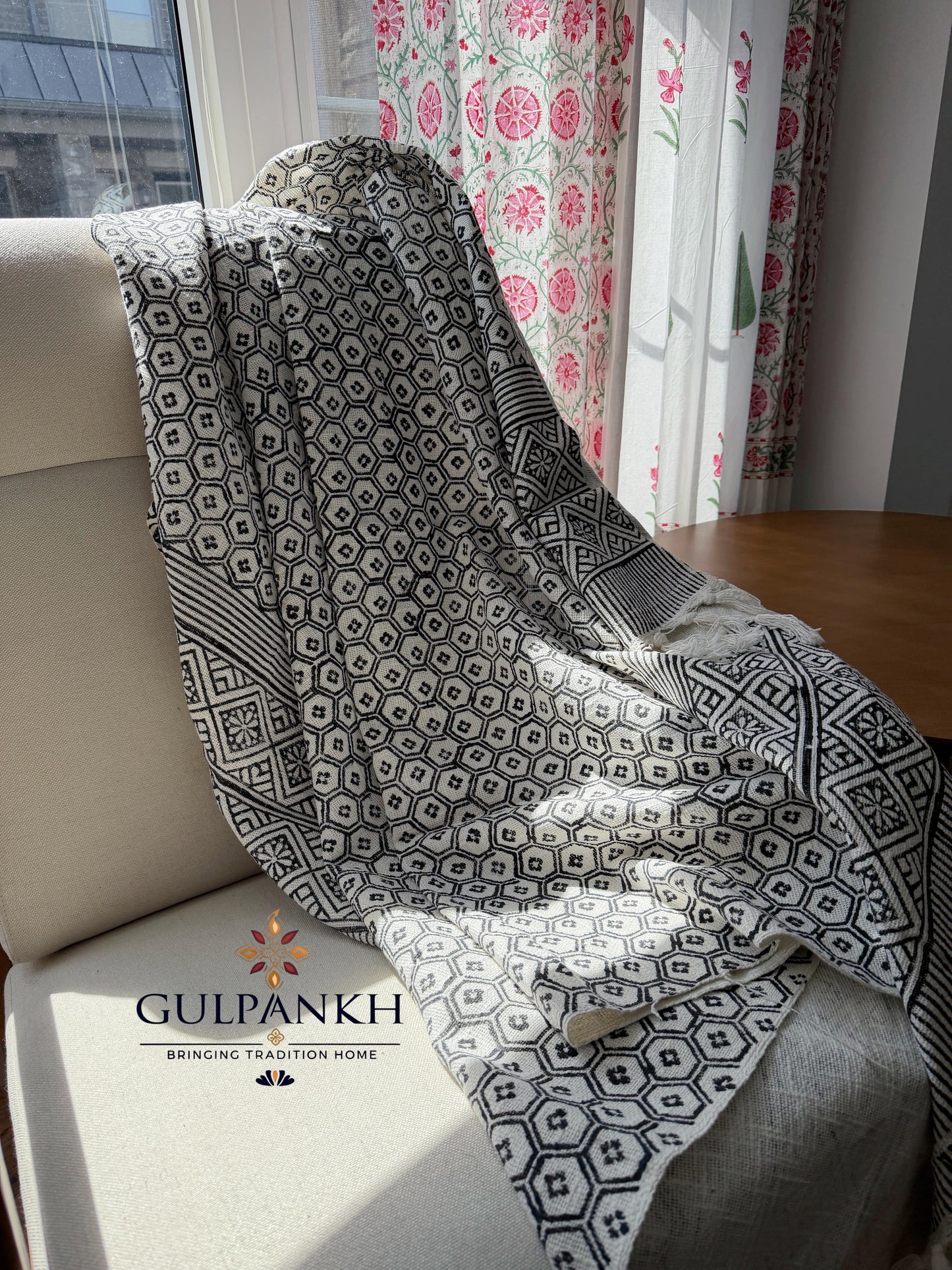 Hand Block Printed TNT Sofa Throw – Ash Grid | Gulpankh Canada