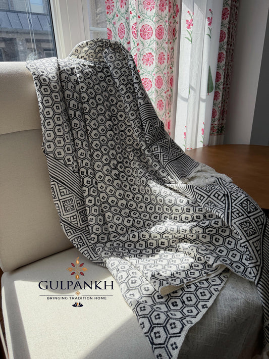Hand Block Printed TNT Sofa Throw – Ash Grid | Gulpankh Canada