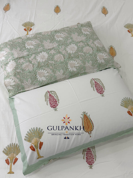 Hand Block Printed King Fitted Bedsheet - Sage Meadow Botanica | Gulpankh Canada