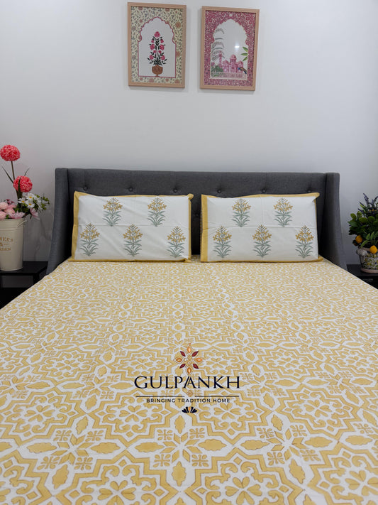 Golden Jaal Hand Block Printed Fitted Bedsheet | Gulpankh Canada