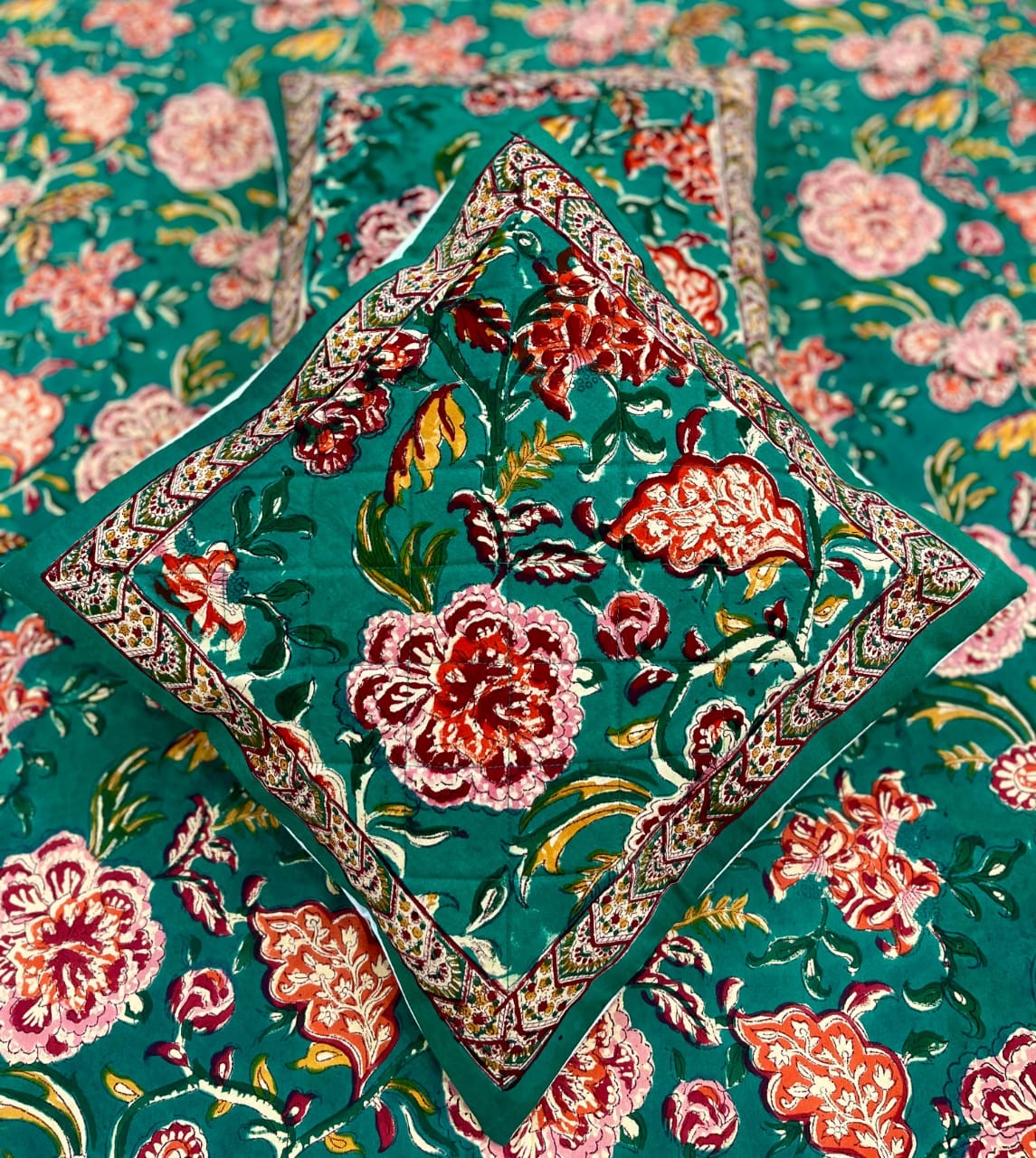 Quilted Hand Block Printed Cushion Cover – Teal Garden Bloom | Gulpankh Canada