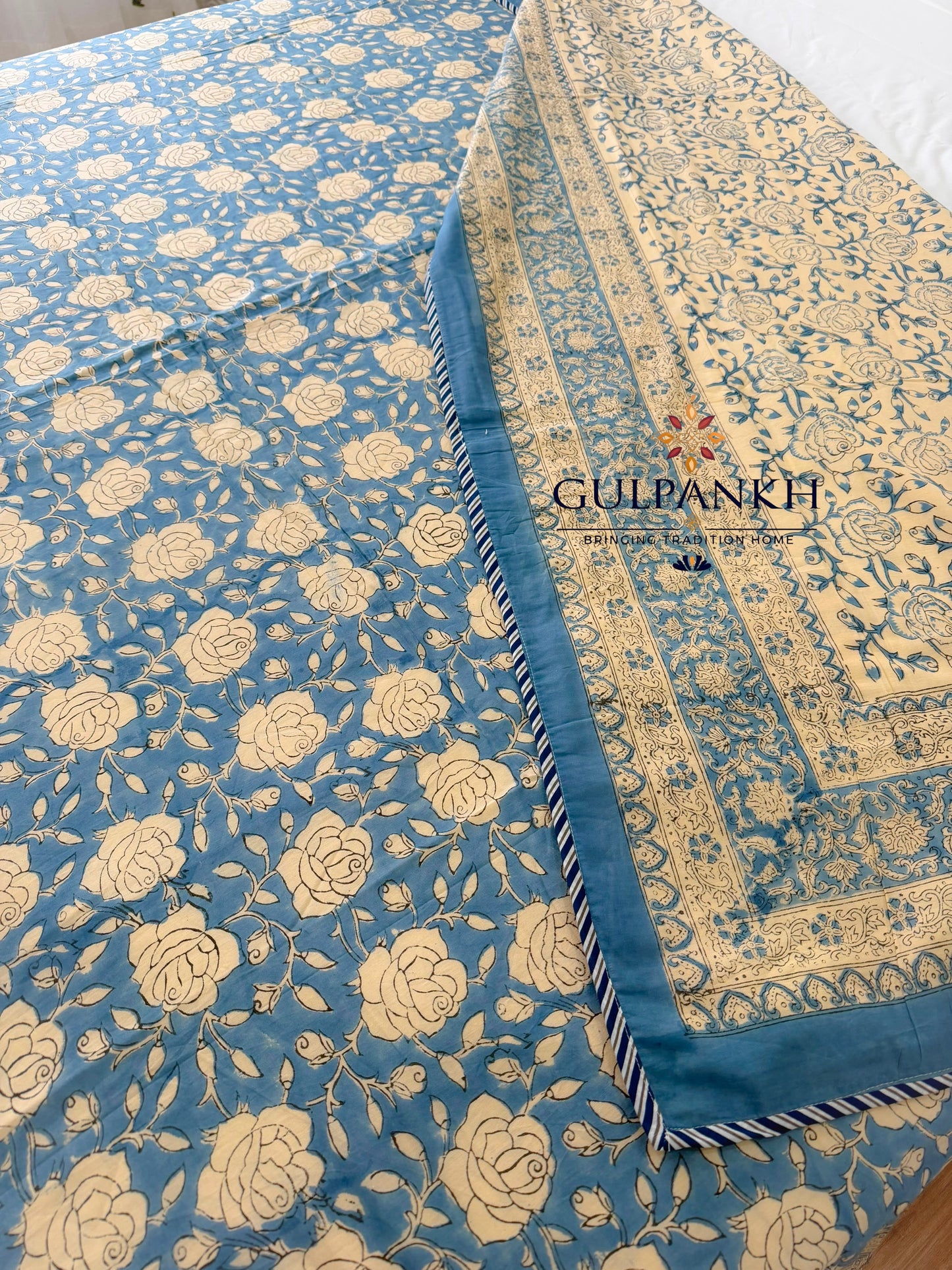 Hand Block Printed Mulmul Cotton Dohar - Neel Gulab Garden | Gulpankh Canada