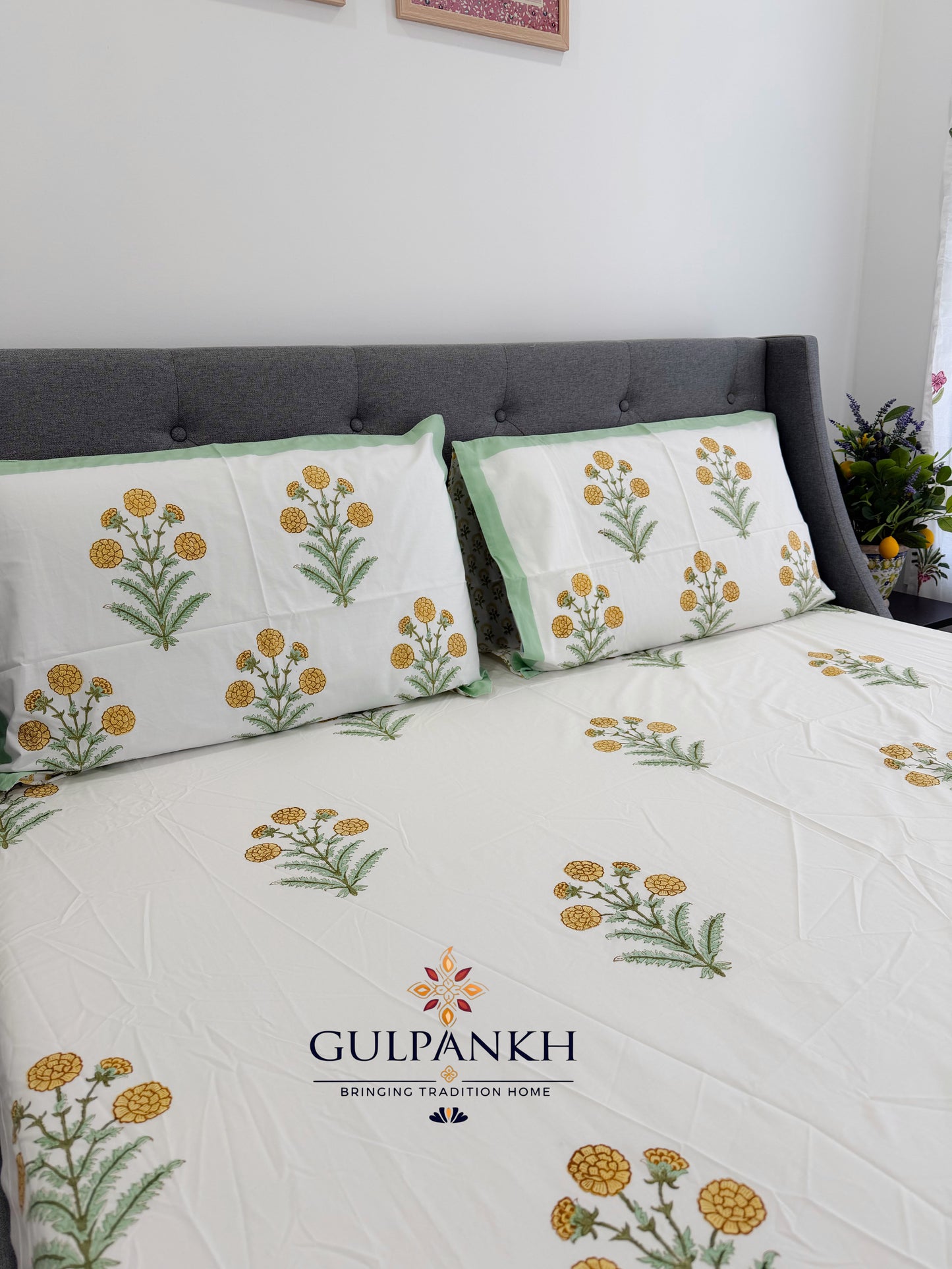 Hand Block Printed Queen Fitted Bedsheet - Marigold Meadow | Gulpankh Canada