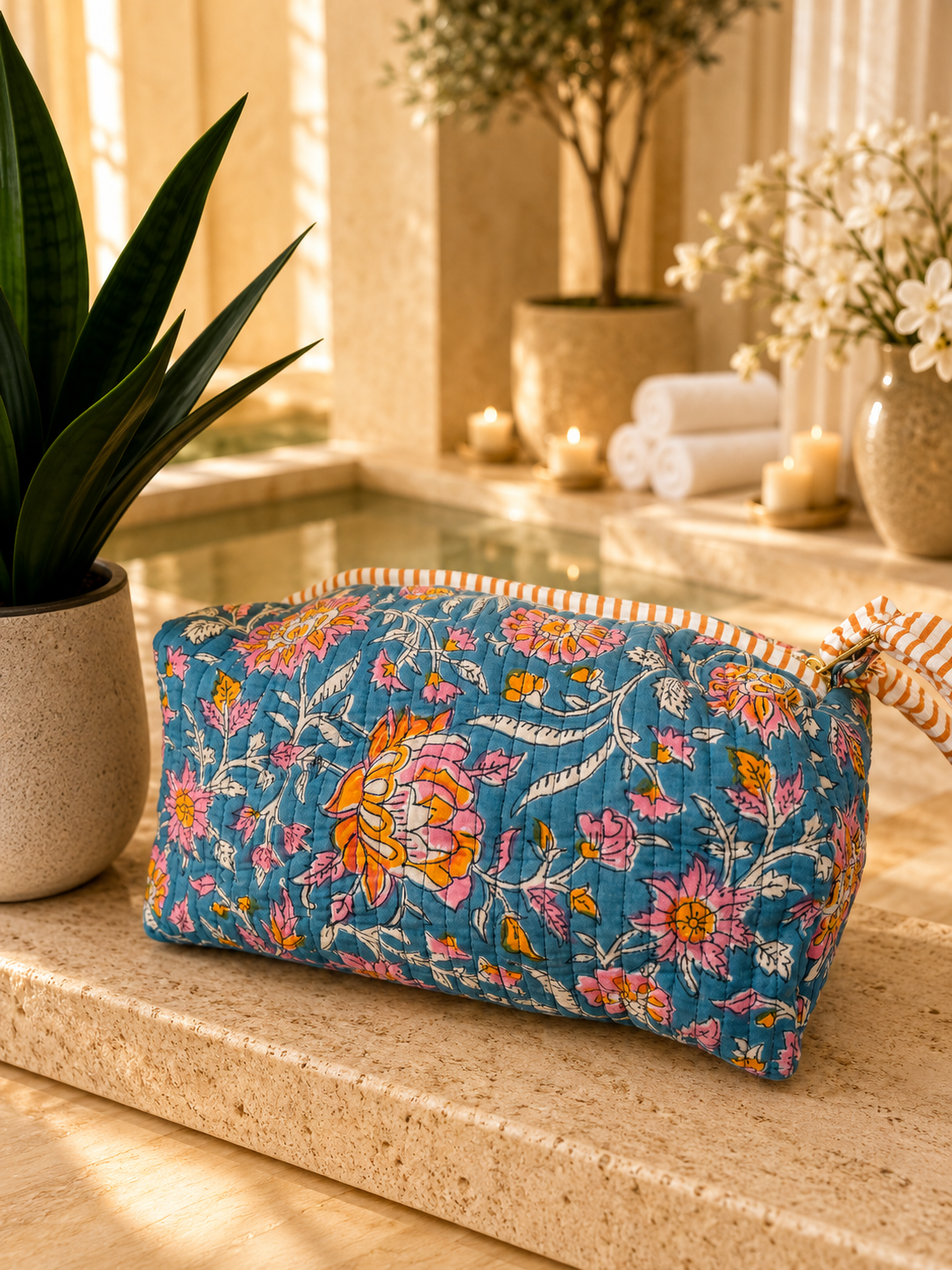 Hand Block Printed Quilted Vanity Bag – Teal Rose Garden | Gulpankh Canada