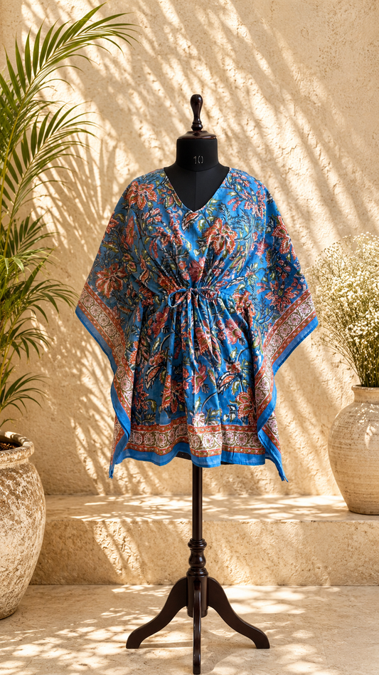 Hand Block Printed Cotton Short Kaftan – Neel Gulmohar | Gulpankh Canada