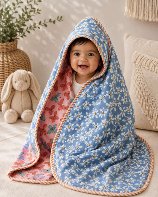 Hand Block Printed Hooded Baby Swaddle Blanket – Blue Daisy Butterfly | Gulpankh Canada