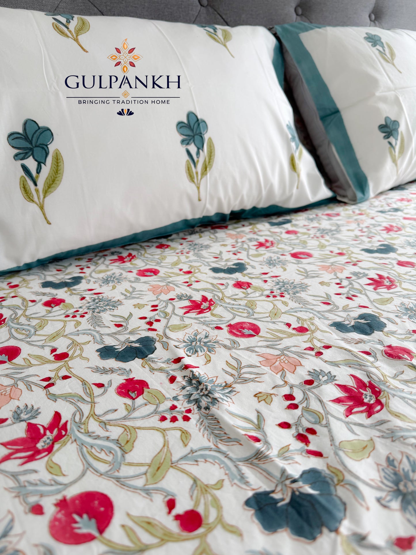 Teal Blossom Vine Hand Block Printed Fitted Bedsheet | Gulpankh Canada