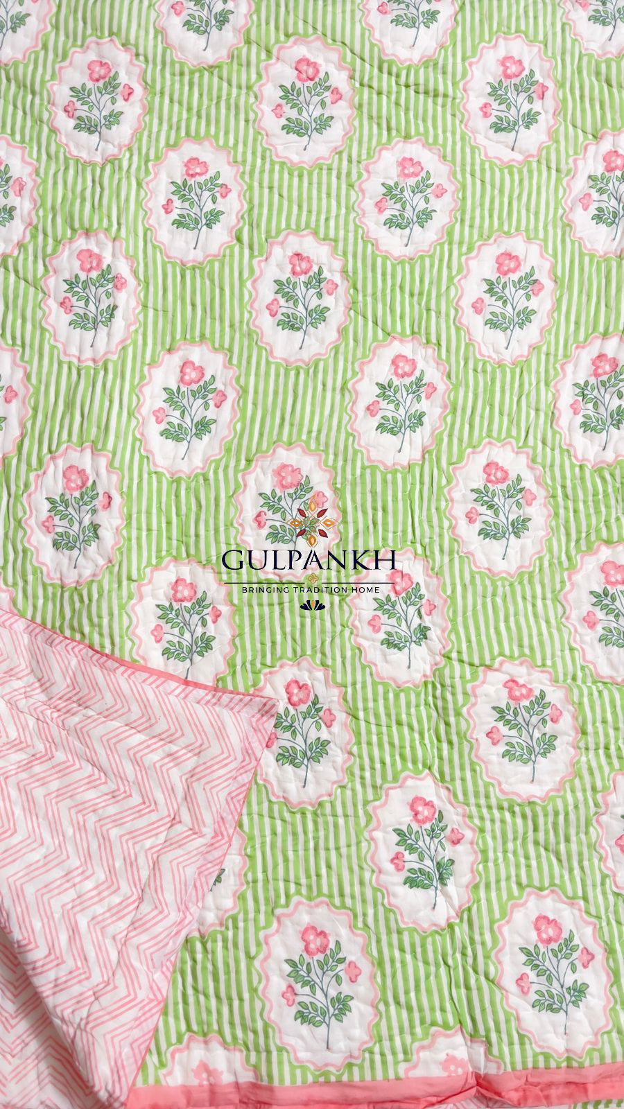 Hand Block Printed Reversible Cotton Twin Quilt - Spring Blossom Trellis | Gulpankh Canada