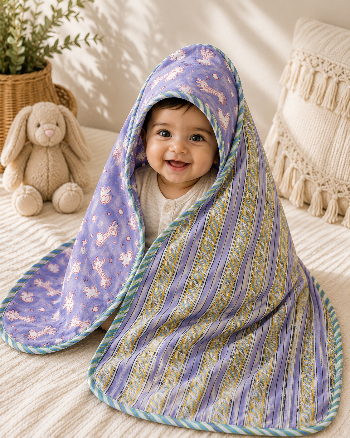 Hand Block Printed Hooded Baby Swaddle Blanket – Lavender Safari | Gulpankh Canada