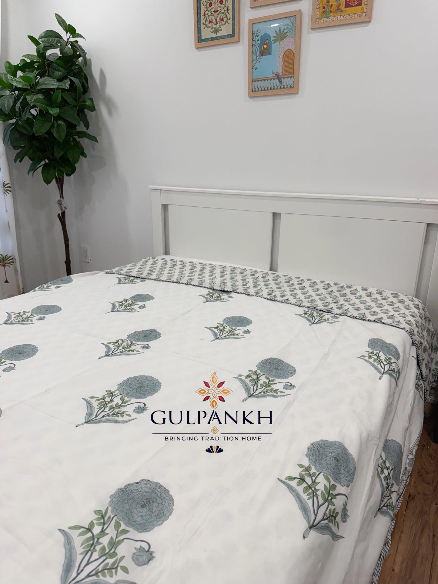 Hand Block Printed Mulmul Cotton Dohar - Misty Blue Botanica | Gulpankh Canada