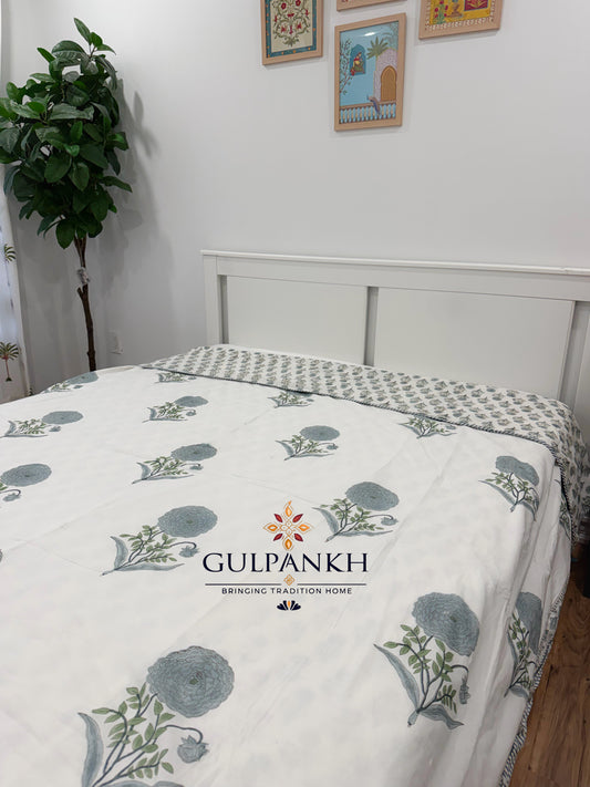 Hand Block Printed Mulmul Cotton Dohar - Misty Blue Botanica | Gulpankh Canada
