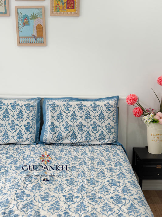 Hand Block Printed Cotton Quilt - Azure Bloom Heritage | Gulpankh Canada