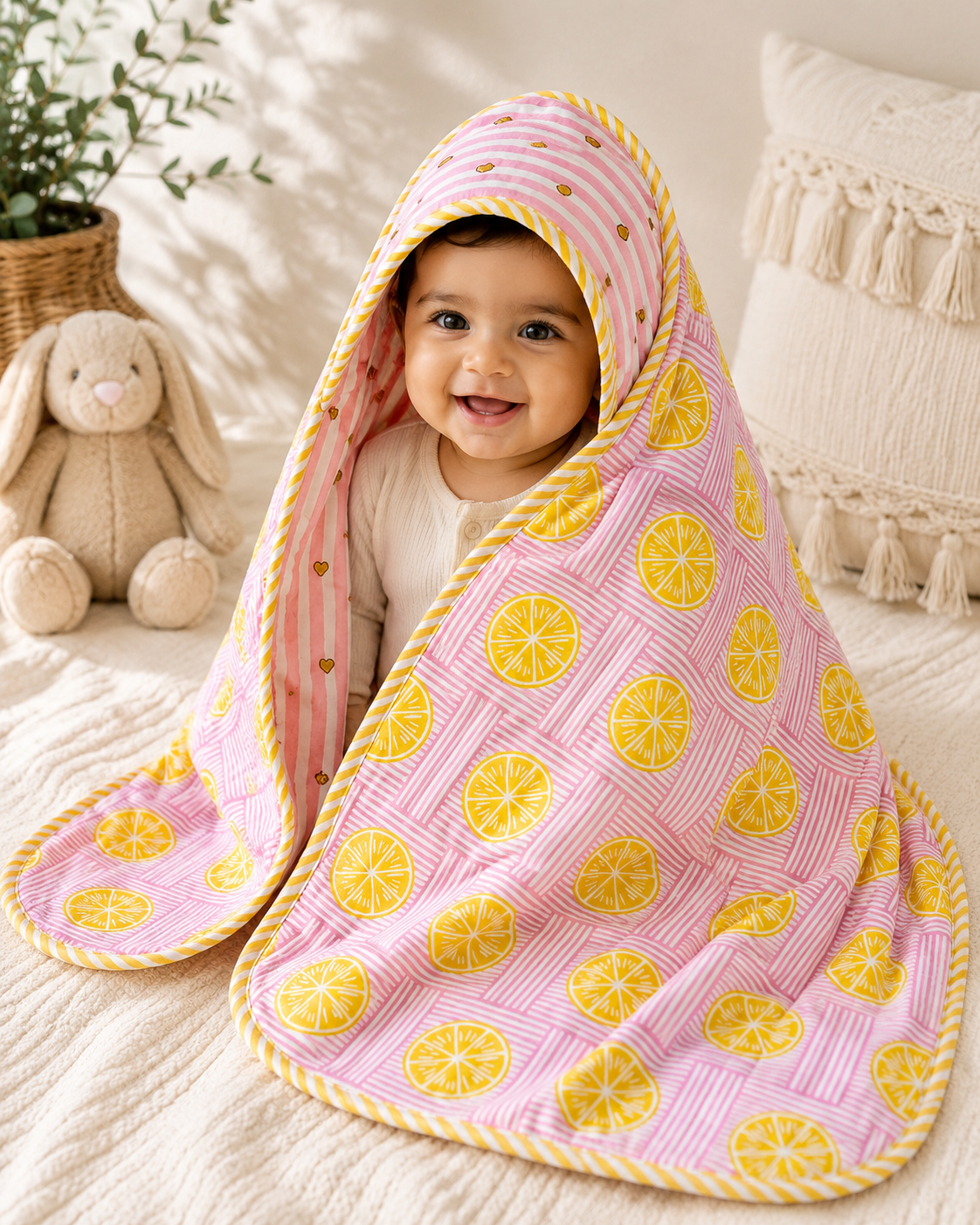 Hand Block Printed Hooded Baby Swaddle Blanket – Pink Citrus Hearts | Gulpankh Canada