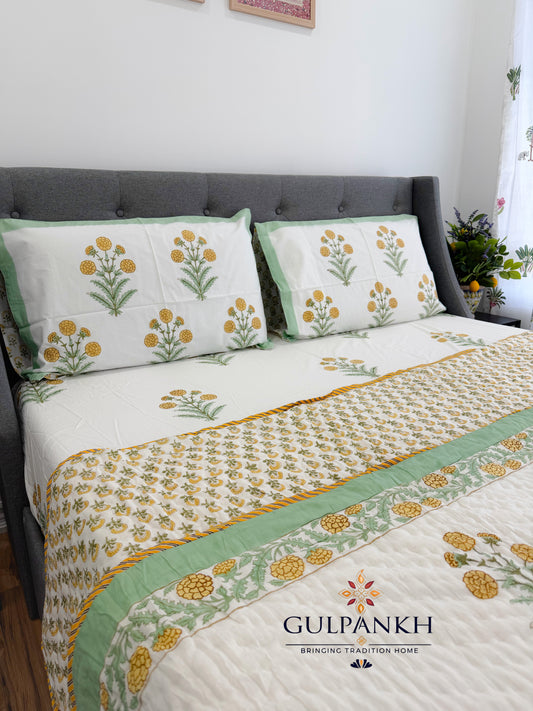 Hand Block Printed Cotton Queen Bedding Set with Quilt - Sunflower Gulzar | Gulpankh Canada