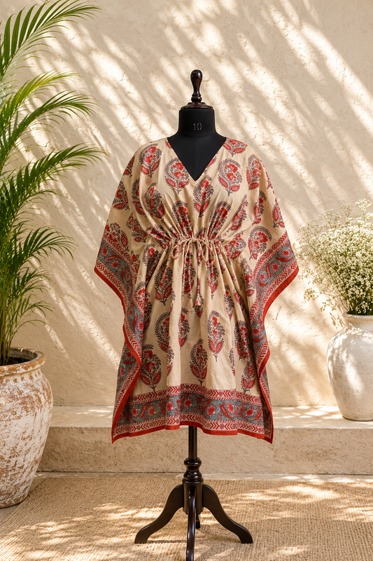 Hand Block Printed Cotton Short Kaftan – Ivory Gulnaar Buta | Gulpankh Canada