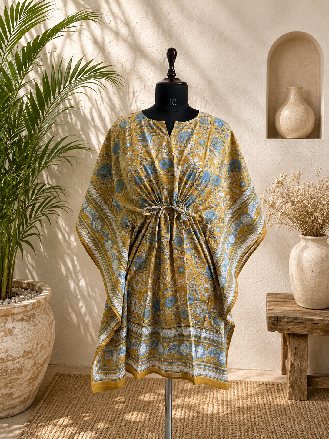 Hand Block Printed Cotton Short Kaftan – Mustard Neel Gulzar | Gulpankh Canada
