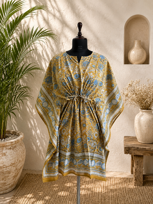 Hand Block Printed Cotton Short Kaftan – Mustard Neel Gulzar | Gulpankh Canada
