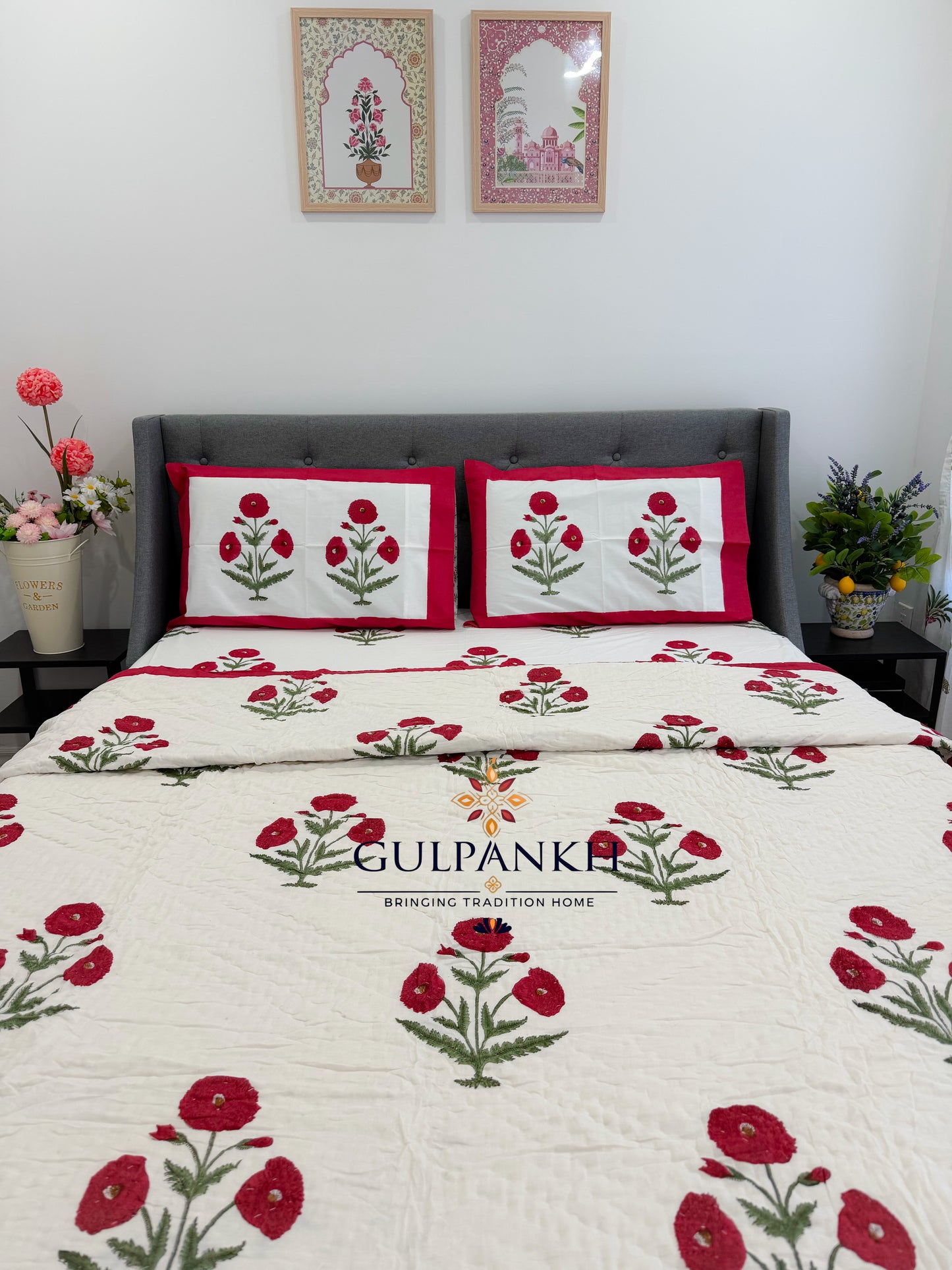 Hand Block Printed Cotton Bedding Set with Quilt - Red Poppy Gulzar | Gulpankh Canada