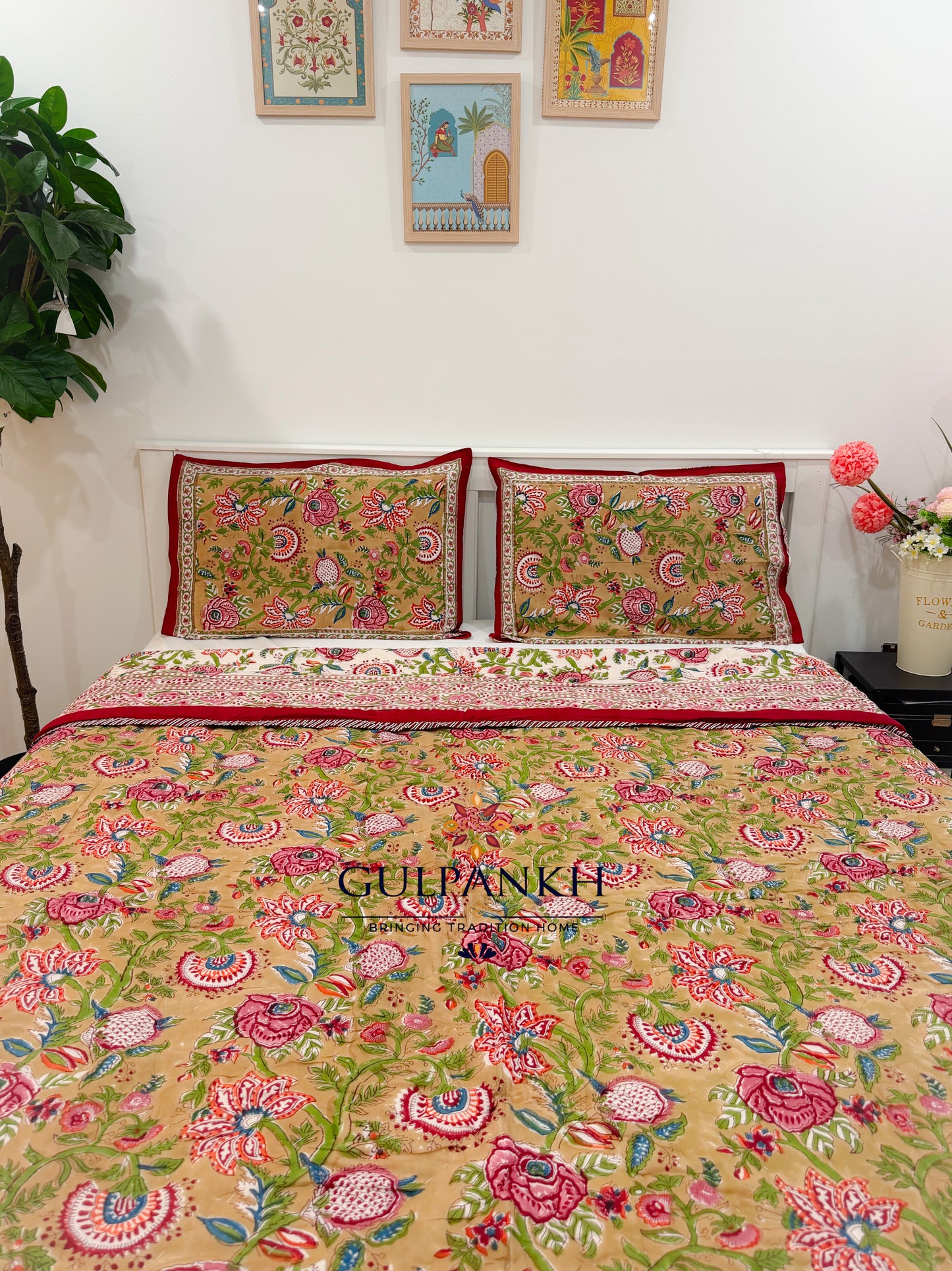 Reversible Hand Block Printed Cotton Quilt - Gulnaar Rajwadi | Gulpankh Canada