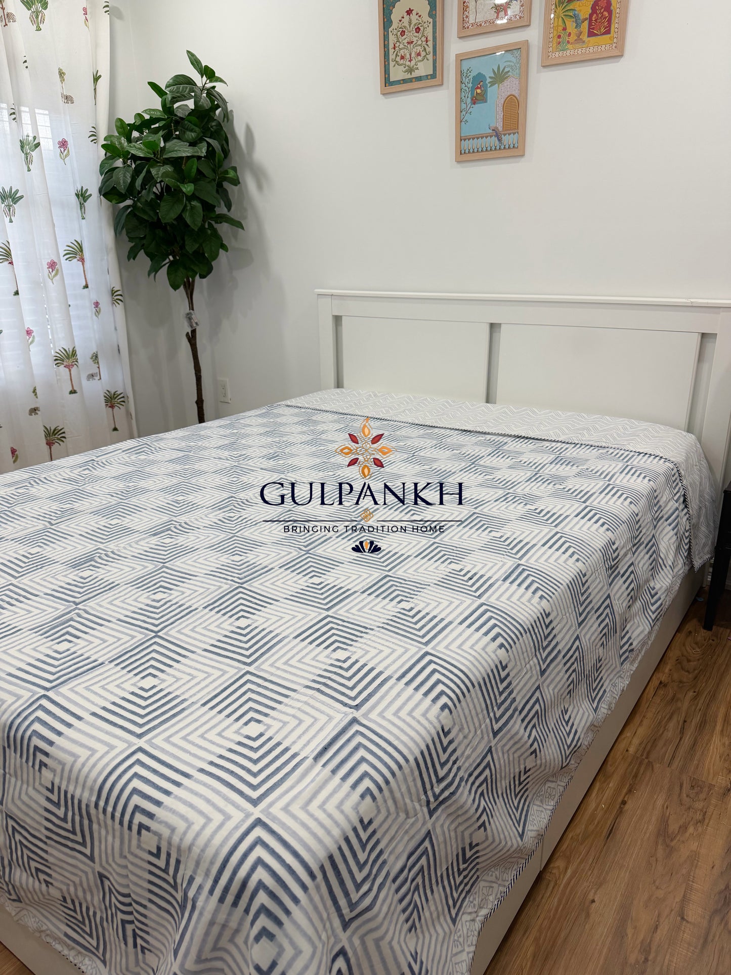 Hand Block Printed Mulmul Cotton Dohar - Indigo Maze | Gulpankh Canada