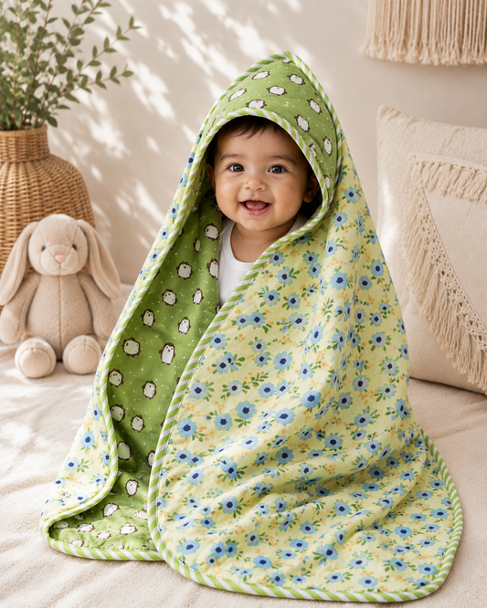 Hand Block Printed Hooded Baby Swaddle Blanket – Blue Blossom Penguin | Gulpankh Canada