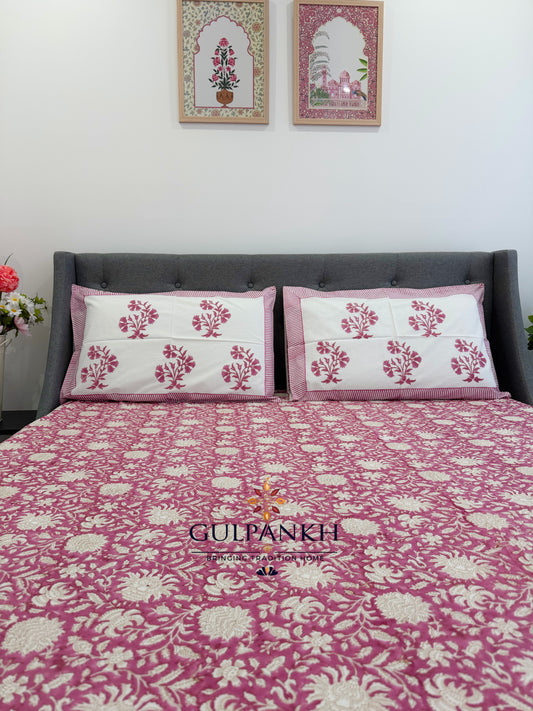 Hand Block Printed King Fitted Bedsheet - Gul Rang Mahal | Gulpankh Canada